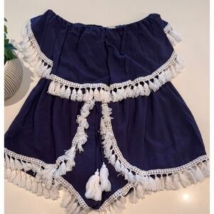 Surf Gypsy Navy Off Shoulder Tassel Crochet Trim Boho Romper Medium Resort